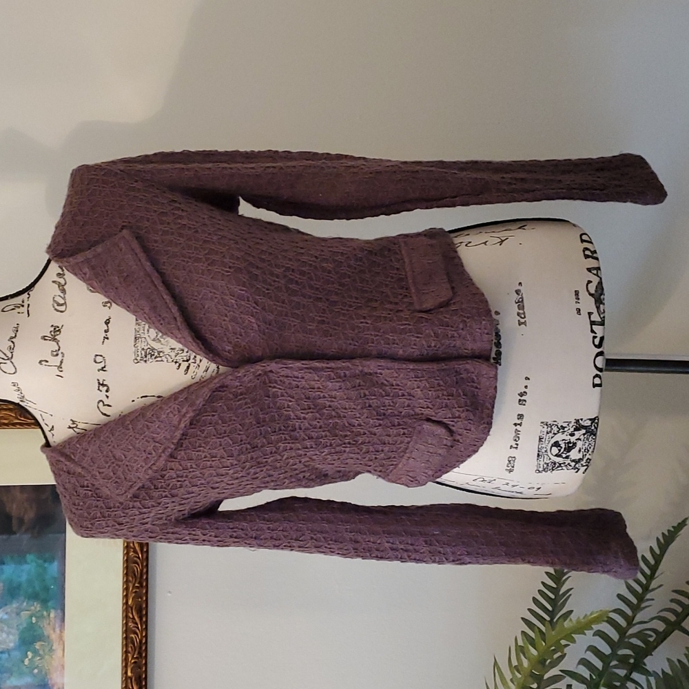 Purple crop cardigan sweater.